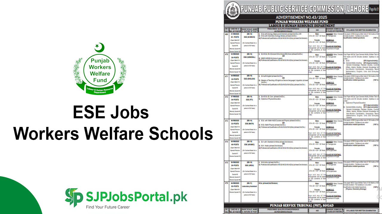 ESE Jobs 2025 Workers Welfare Schools