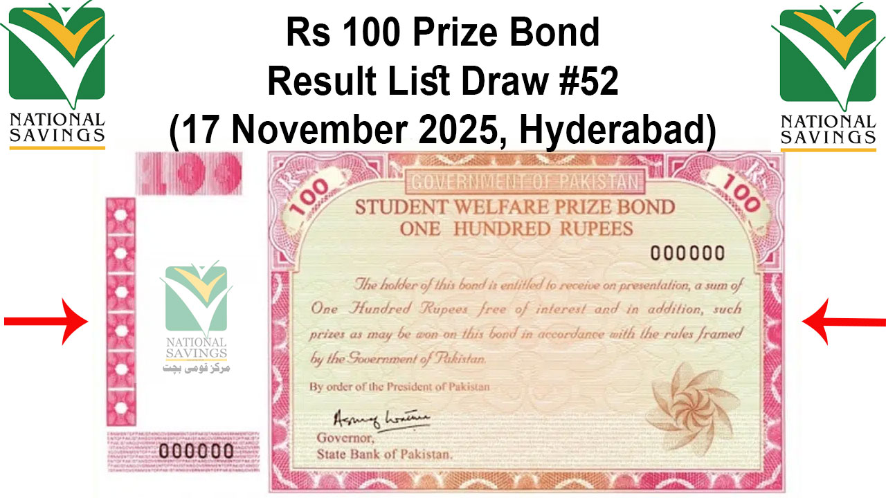Rs 100 Prize Bond Result List 2025 Draw #52 (17 November 2025, Hyderabad)