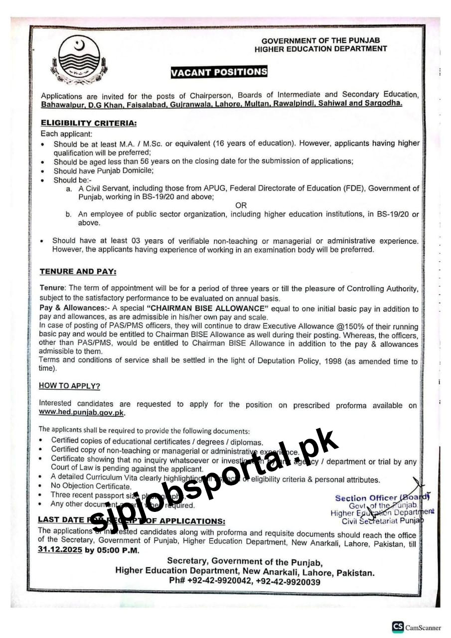 Punjab Higher Education Department Jobs Advertisement