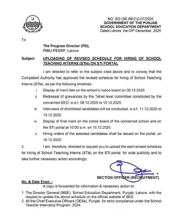 STIs Schedule Revised Notification
