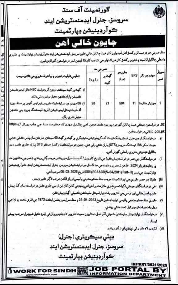 Sindh Govt Jobs Clerk Jobs advertisement 