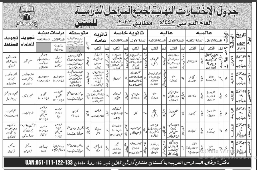 Wifaqul Madaris Date Sheet Baneen 2026