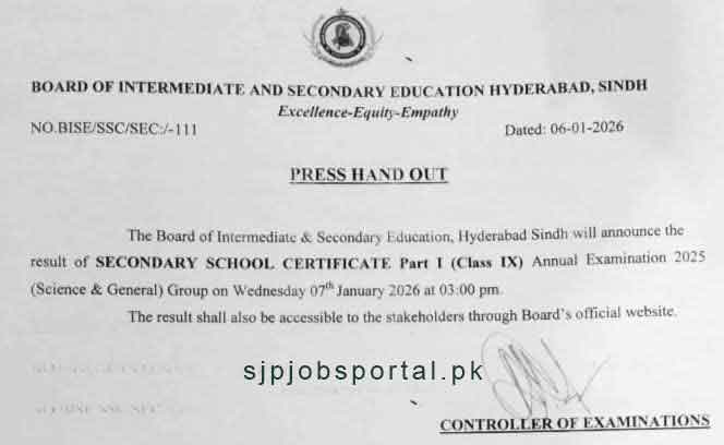 BISE Hyderabad Board 9th Class result